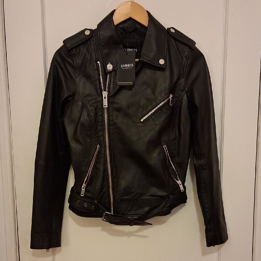 Barneys New York Black Leather Biker Moto Bomber Jacket Small (Not 8) 17.5" Pit